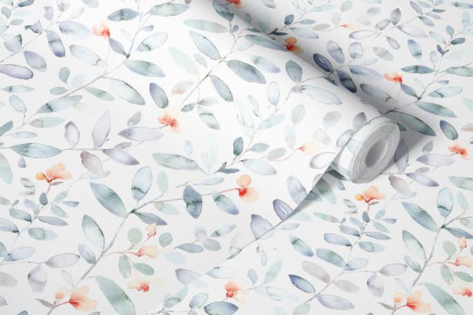 Soothing leaves watercolor floral soft bluewallpaper roll