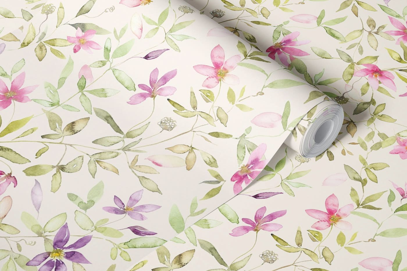 Clematis garden watercolor floral wallpaper roll