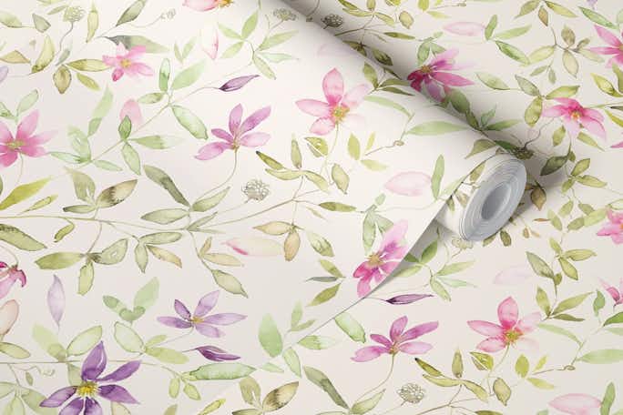 Clematis garden watercolor floralwallpaper roll
