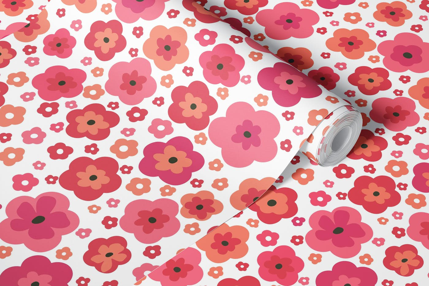 Happy Flowers Red Pink Orange wallpaper roll