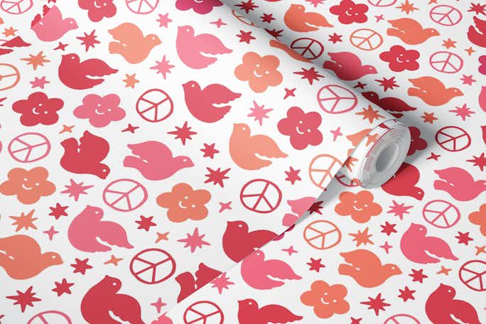 Peace and Love in Red Pink Orangewallpaper roll