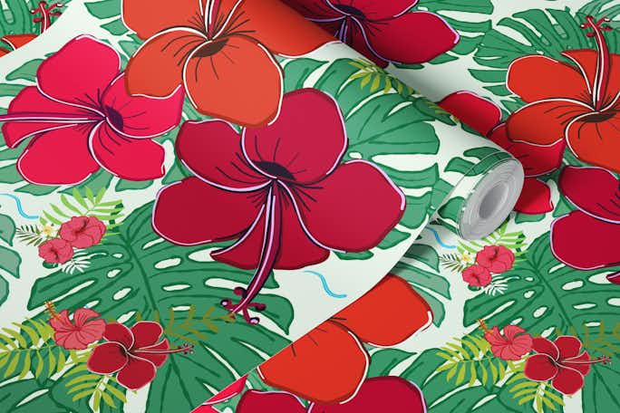 Summer time vibrant red hibiscus and tropical leaves beautiful patternwallpaper roll