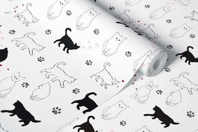 Cute cats illustration with hearts. Seamless fabric design patternwallpaper roll