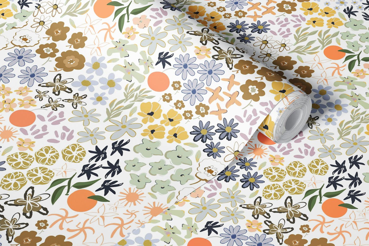 Ditsy colorful pattern with oranges wallpaper roll