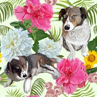 Dog with dahlia and azalea tapet