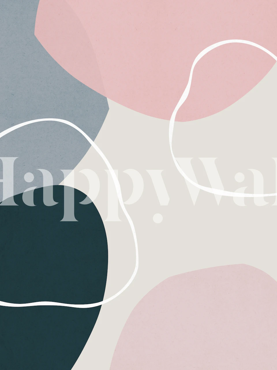 Muurschildering met abstracte vormen met roze, grijze en diepblauwe tinten