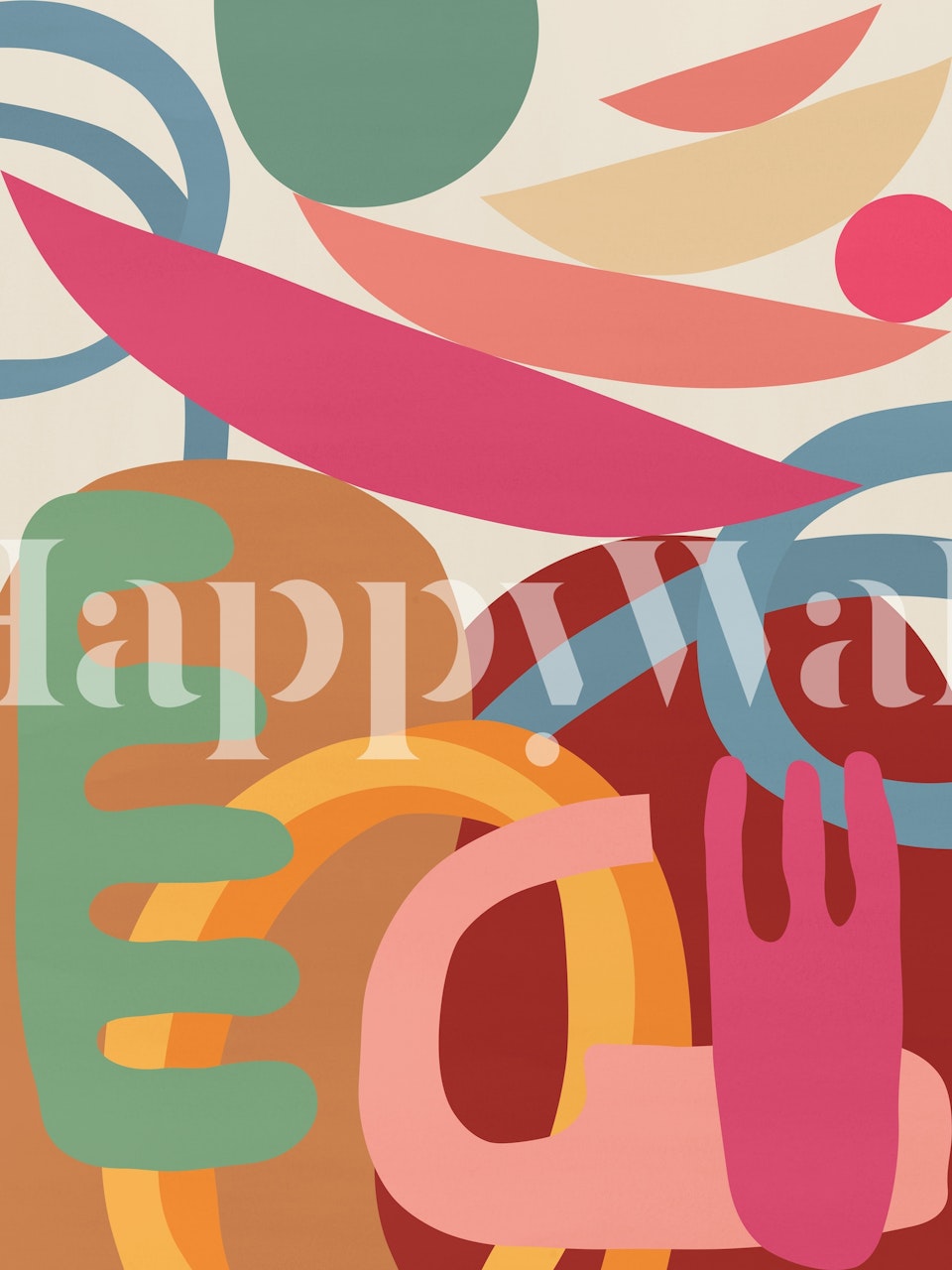 Wandbild mit abstrakten organischen Formen und einer Mischung aus Pastell- und kräftigen Farben, passend für eine moderne Inneneinrichtung