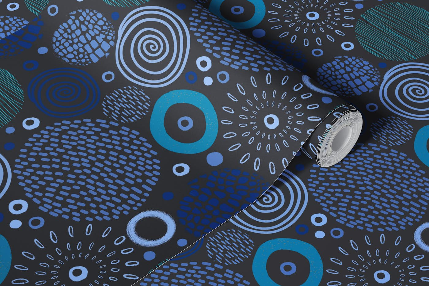 Circle Marks Tribal Pattern In Blue Tones wallpaper roll