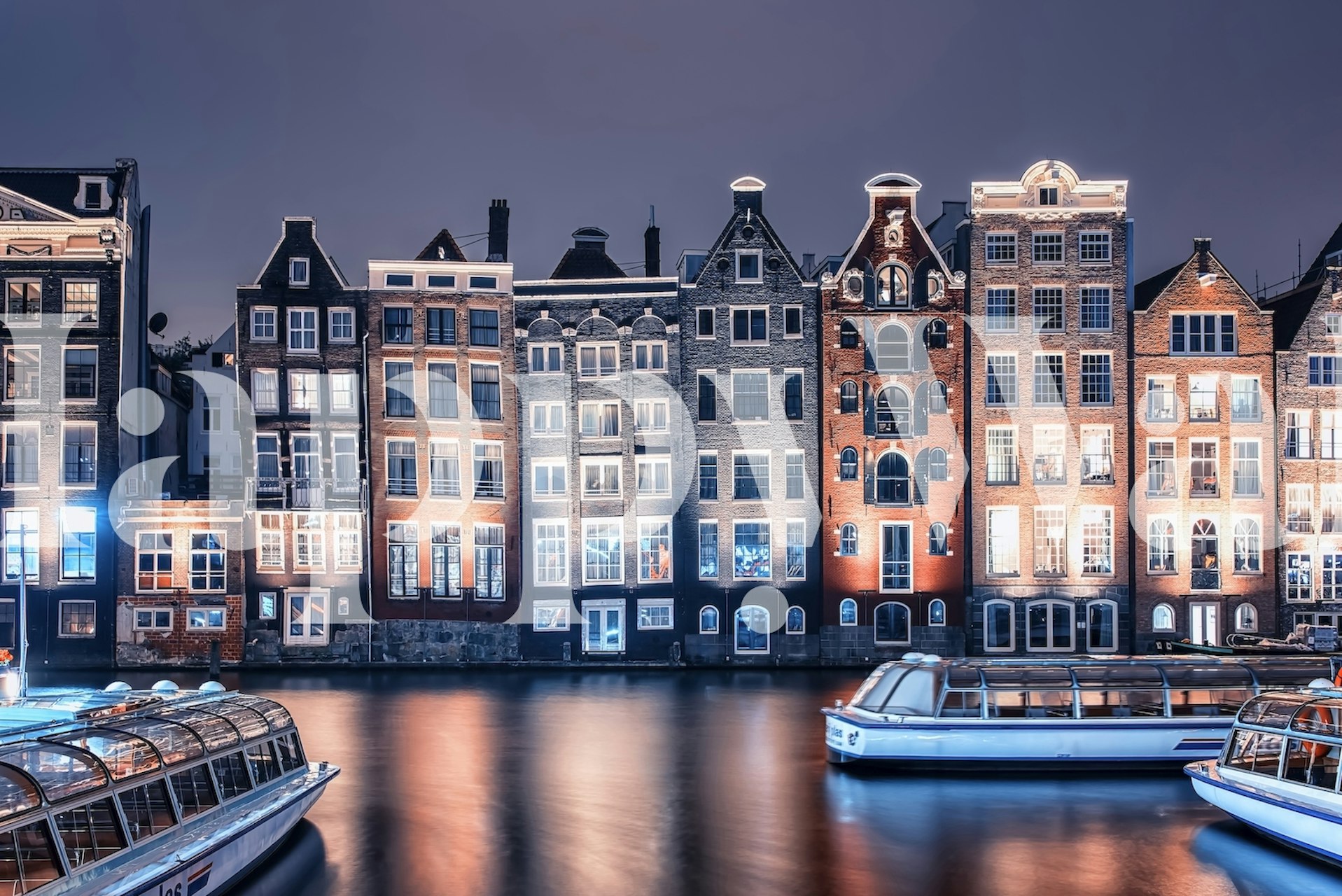 Fotomural canal Damrak con casas tradicionales holandesas