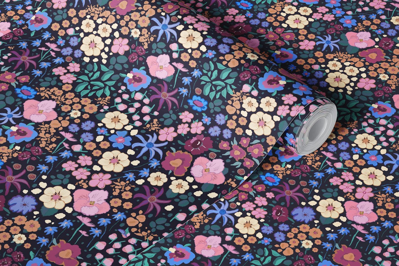 Ditsy colorful pink, purple, blue flowers pattern wallpaper roll