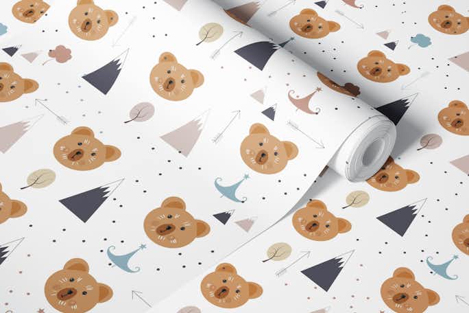 Seamless kids pattern with lovely cute bears and forestwallpaper roll