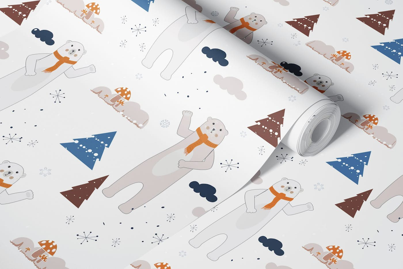 Seamless kids pattern with lovely cute polar bears, mountains, mushrooms and forest. Scandinavian for fabric design pattern wallpaper roll