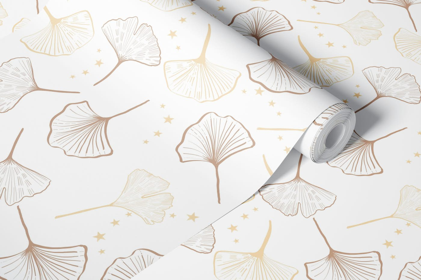 Hand Drawn Gold Ginkgo Biloba Pattern wallpaper roll