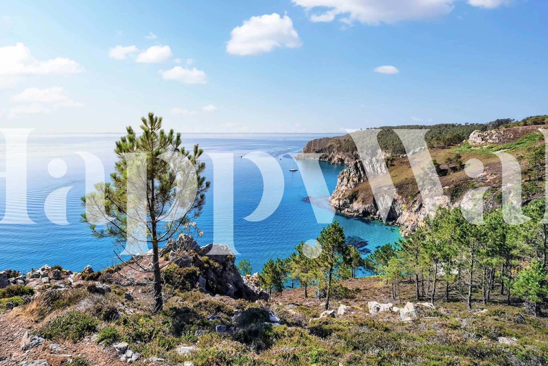 Serene Brittany coastal landscape with blue sea, green foliage, and rocky cliffs wallpaper