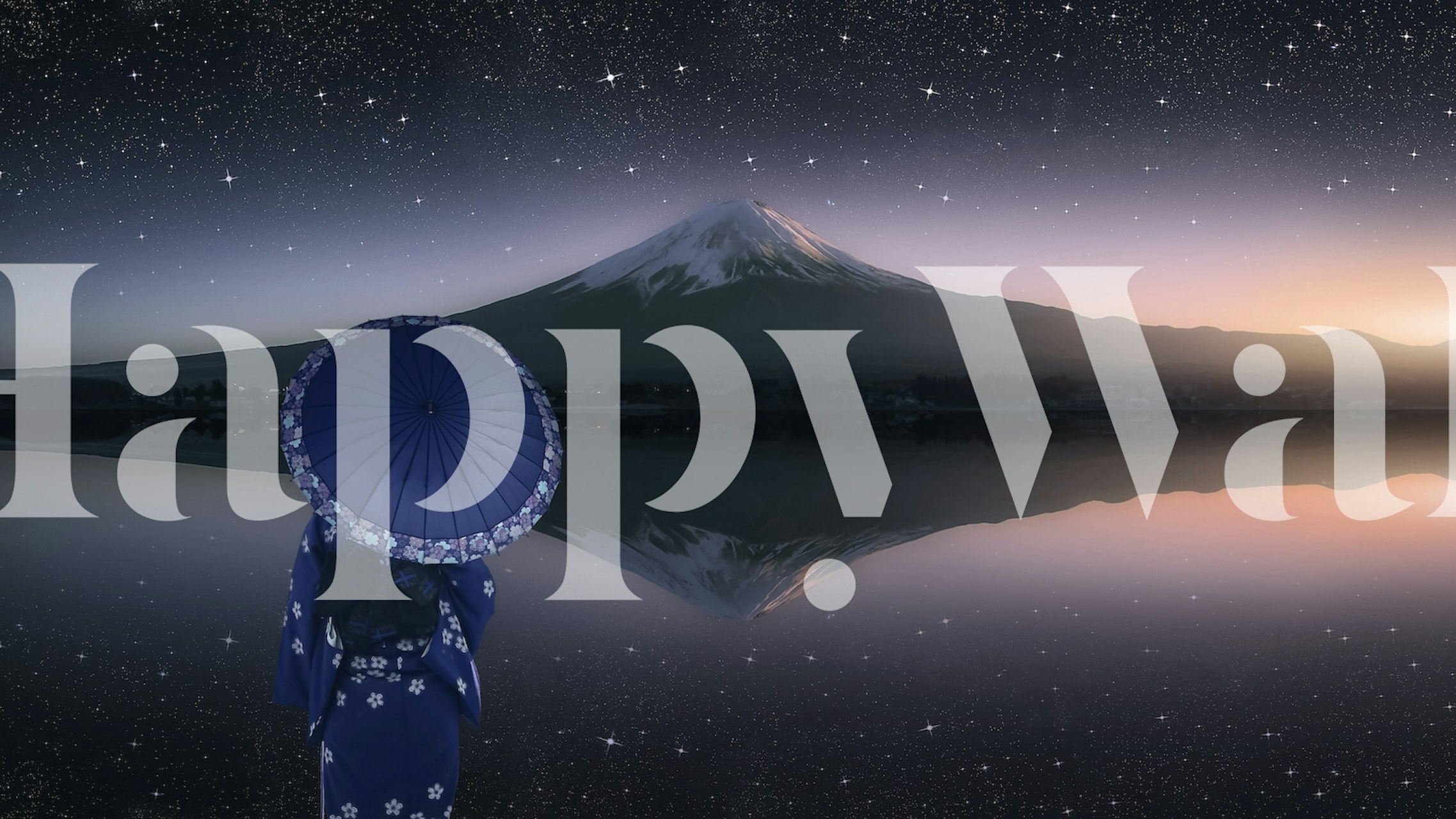 Woman in blue kimono holding umbrella by Fuji mountain at night wallpaper