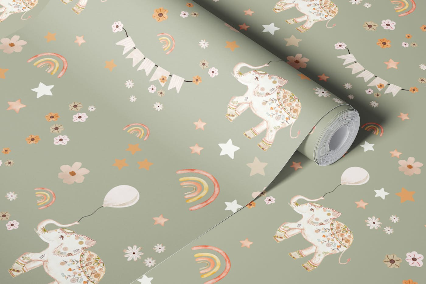 BABY ELEPHANT PARTY SAGE GREEN wallpaper roll