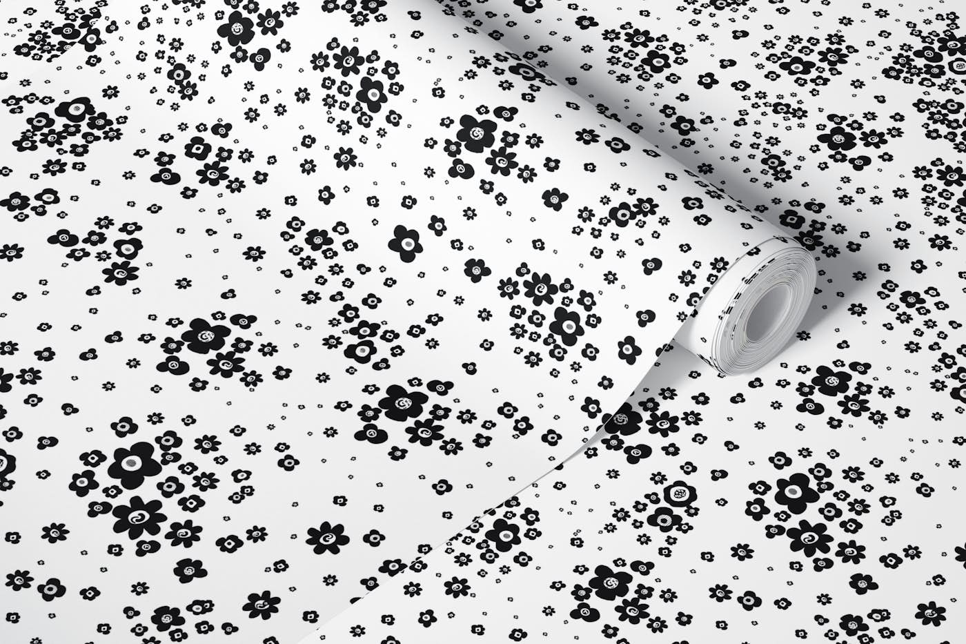 Black and white artistic wild ditsy flowers pattern wallpaper roll