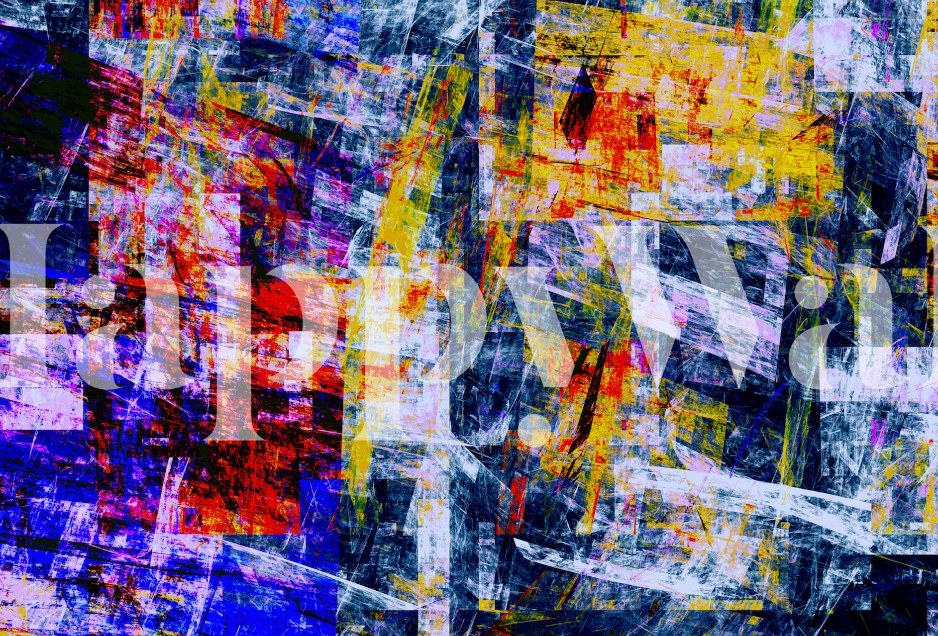 Abstrakt vægmaleri med blanding af farver og overlappende former