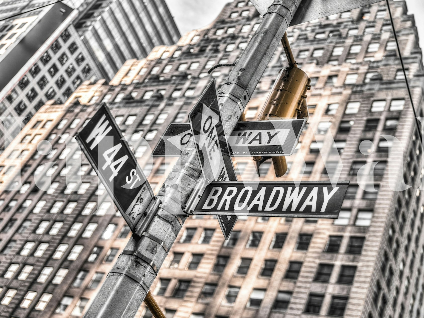 Broadway street signs with black and white city backdrop wallpaper
