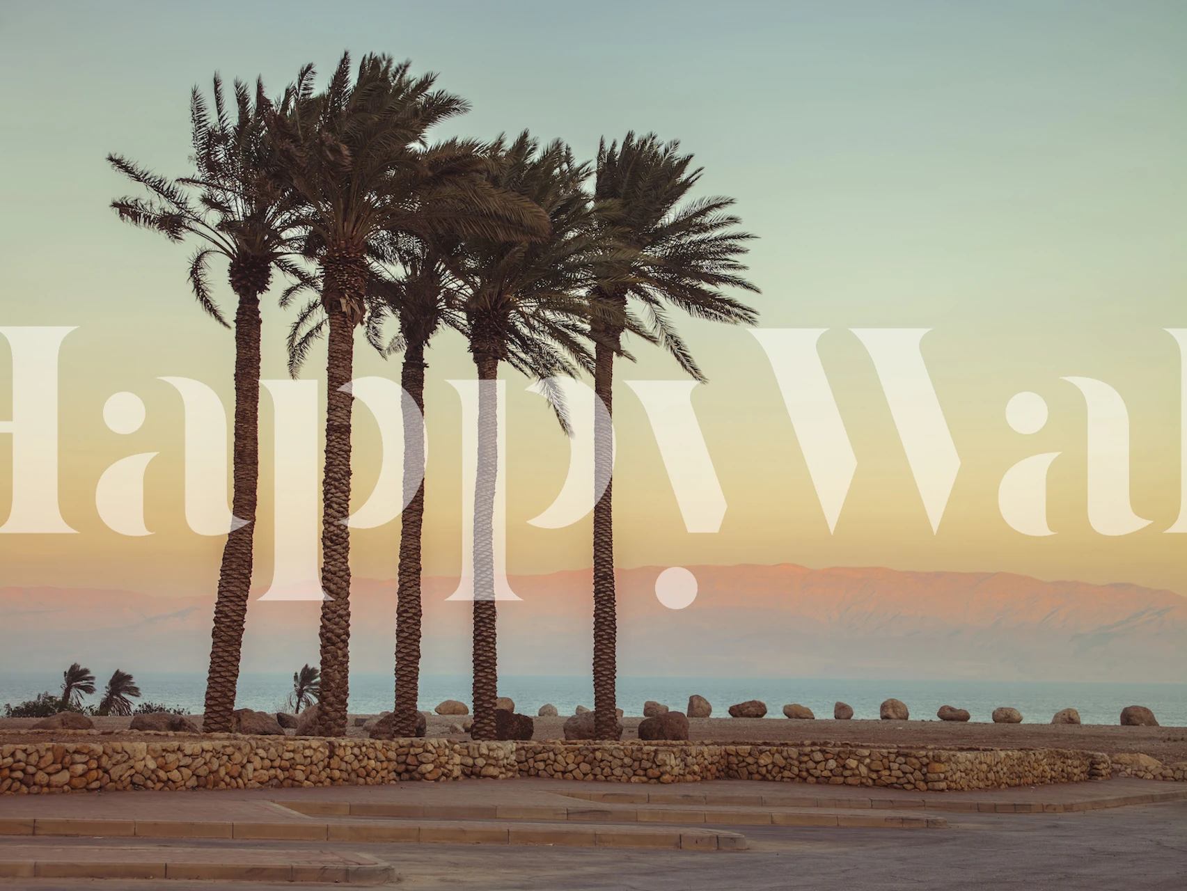 Palm trees silhouetted against a pastel sunset on the beach wallpaper