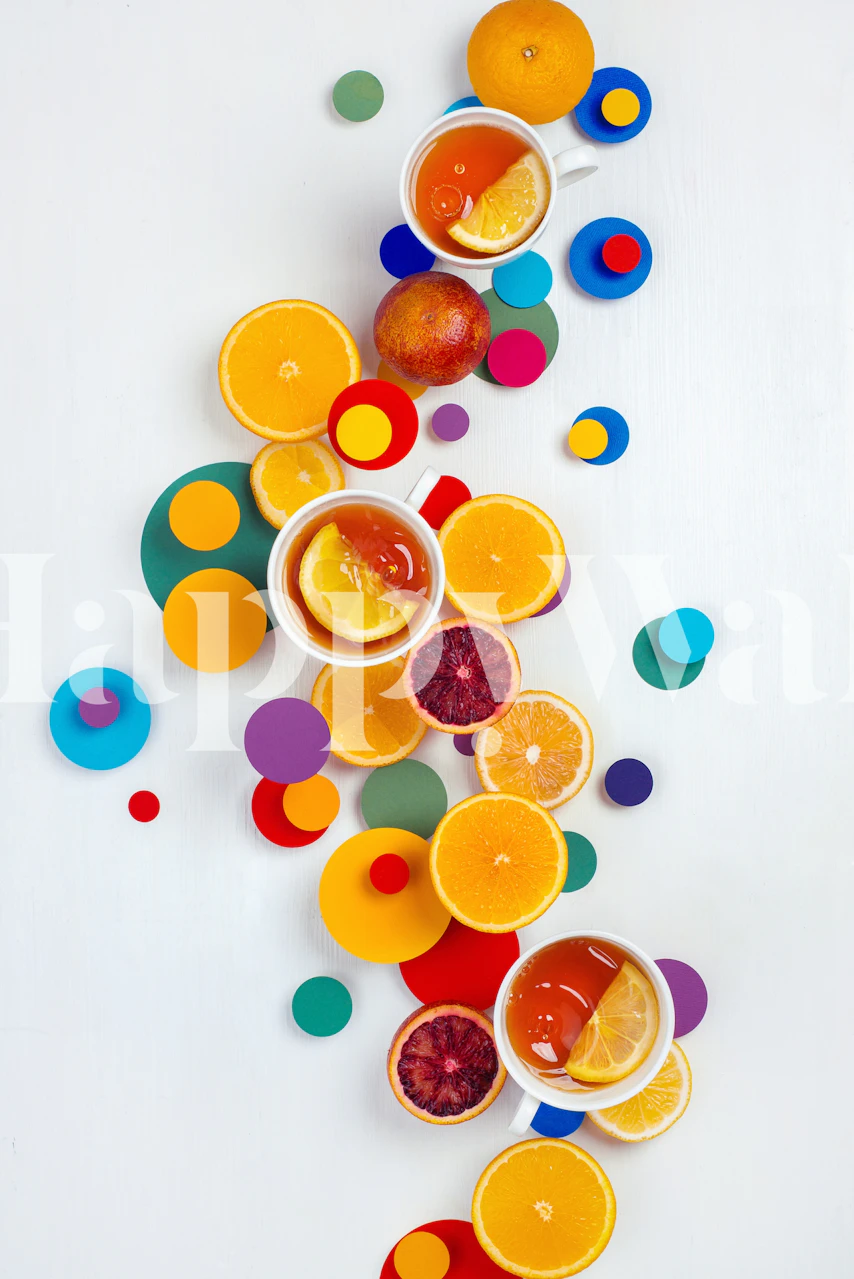 Colorful citrus fruits and circles in bright colors wallpaper