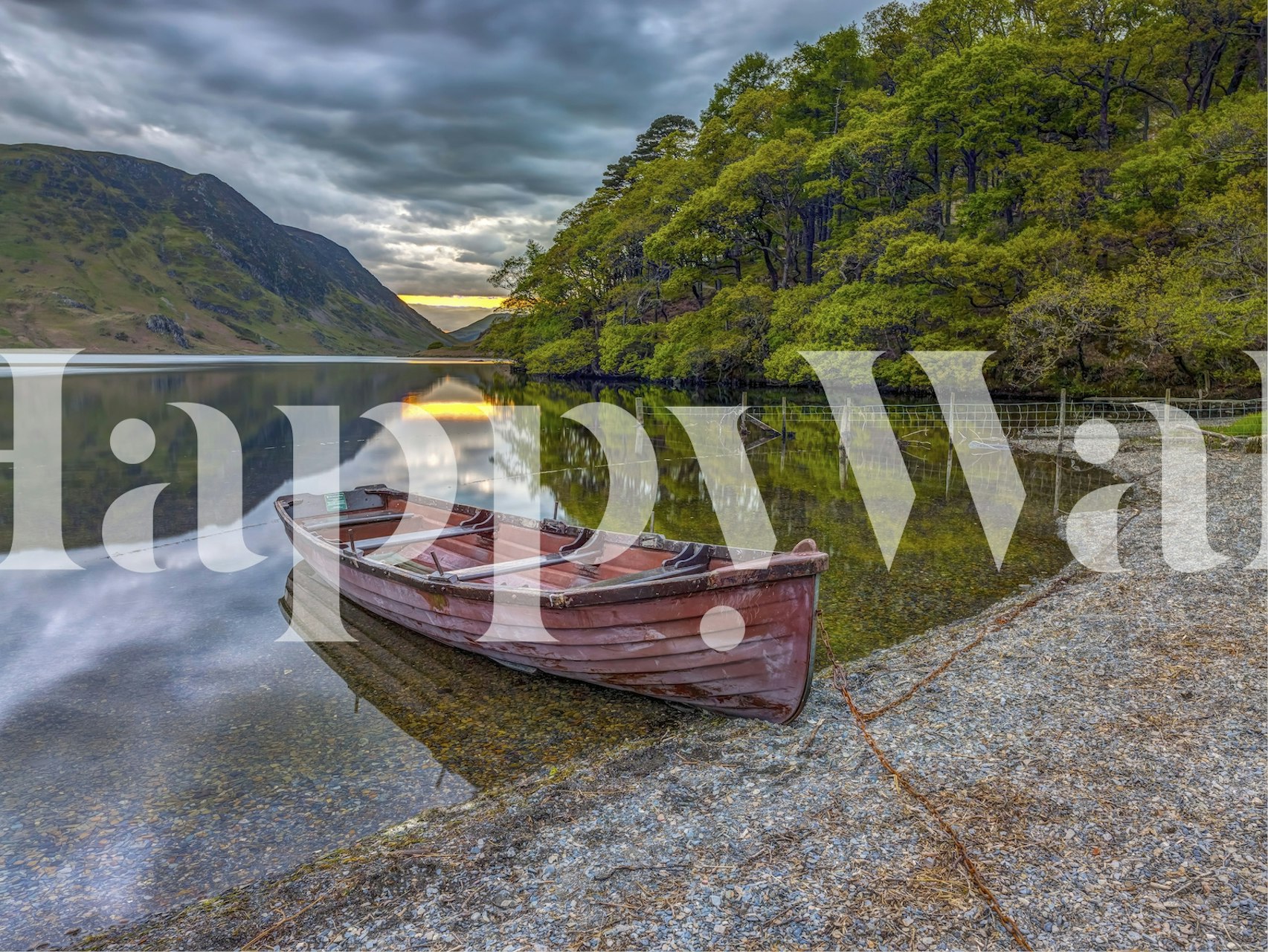 A moored boat resting on calm waters surrounded by greenery wallpaper