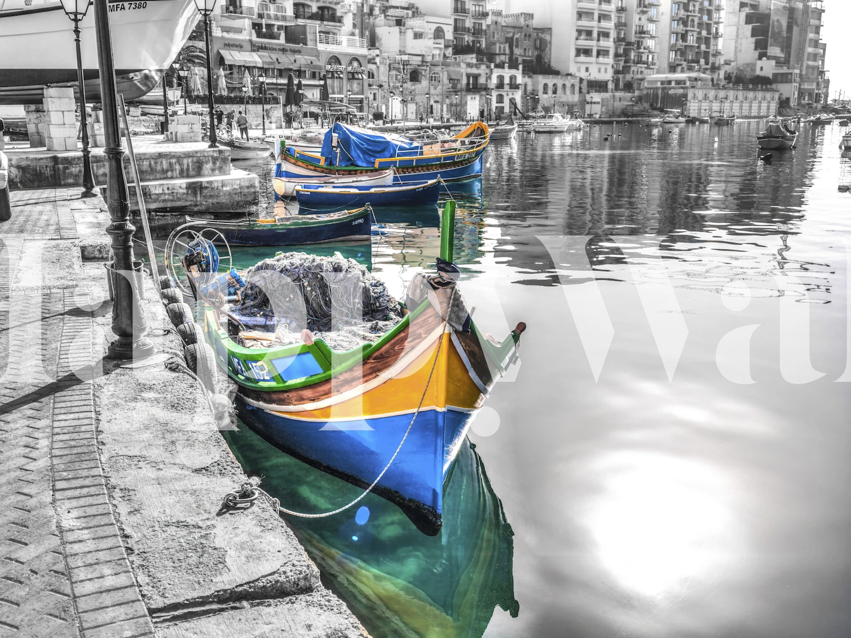 Colorful boats on water with buildings in background wallpaper