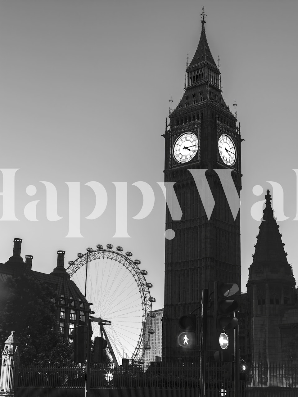 Big Ben silhouette against a twilight sky with London Eye in the background, black and white wall mural