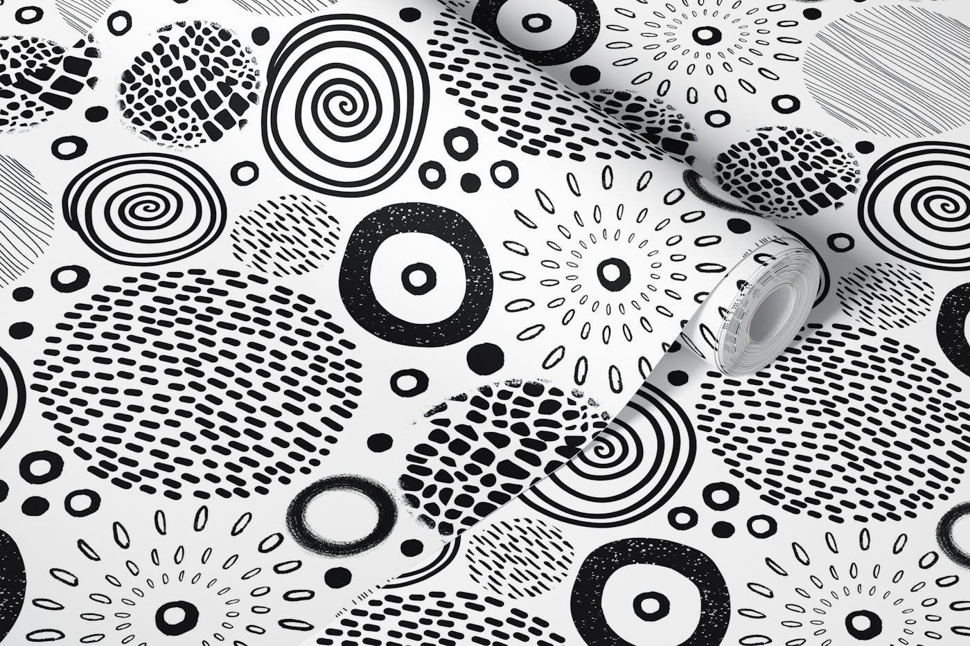 Circle Marks Tribal Pattern Black On White wallpaper roll