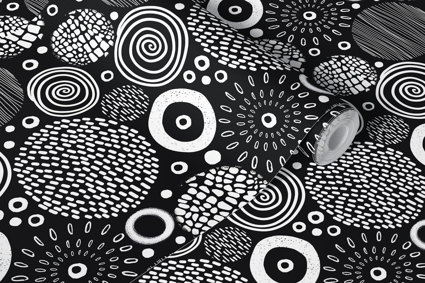 Circle Marks Tribal Pattern In White On Black wallpaper roll