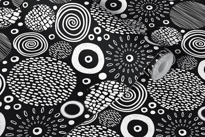 Circle Marks Tribal Pattern In White On Blackwallpaper roll