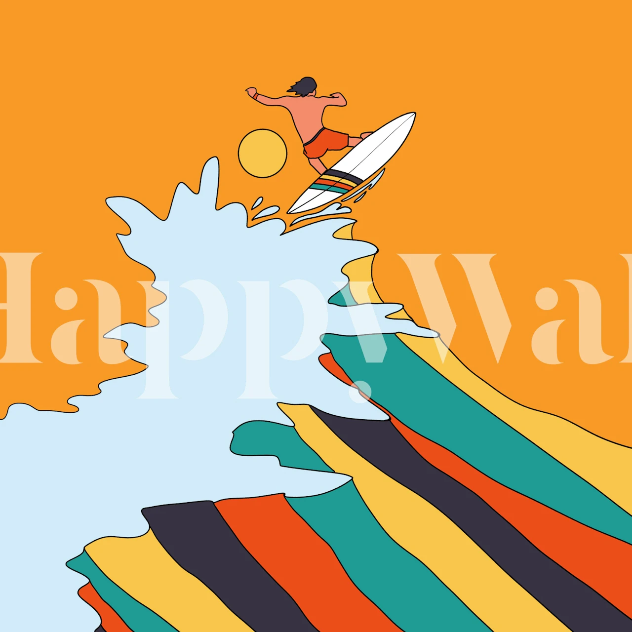 Surfer riding a wave with colorful stripes on orange wallpaper