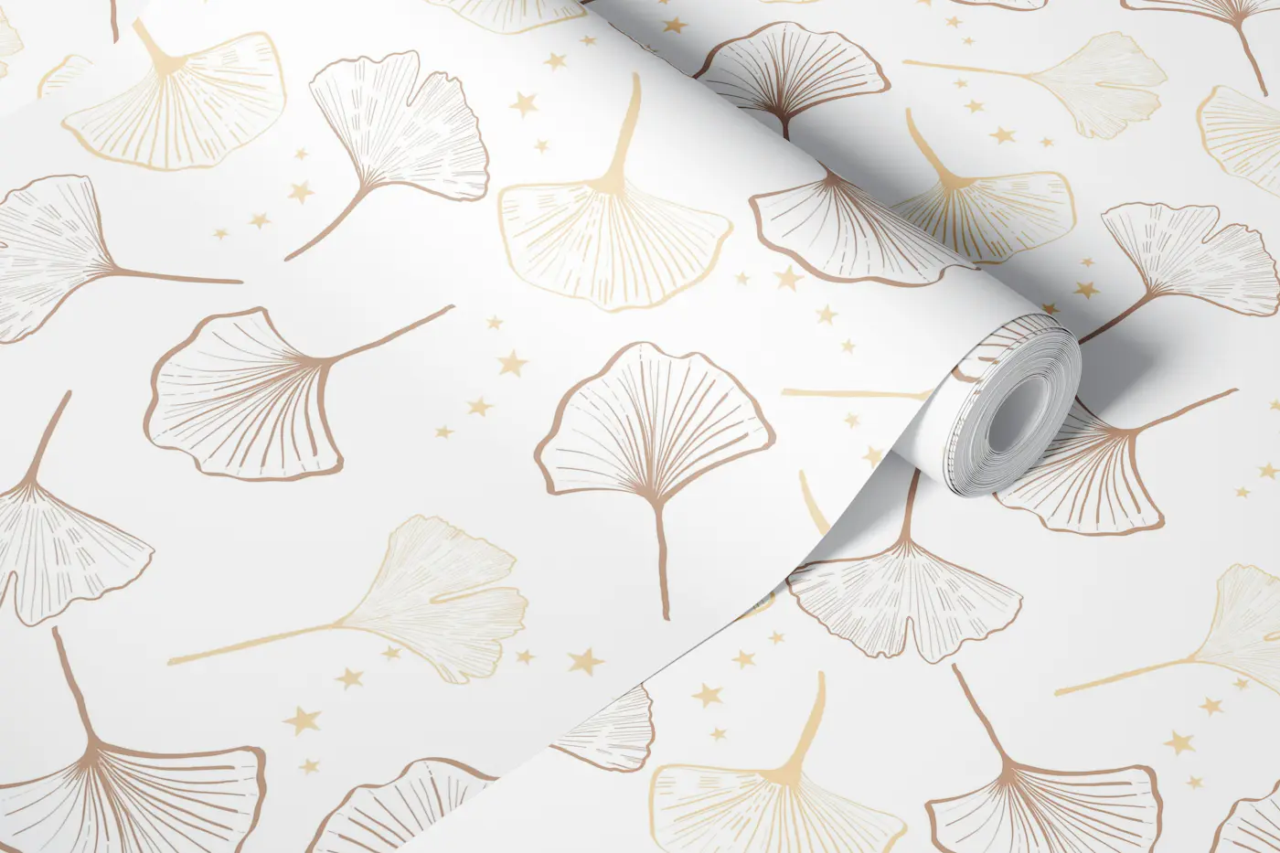 Gold ginkgo biloba with stars wallpaper roll