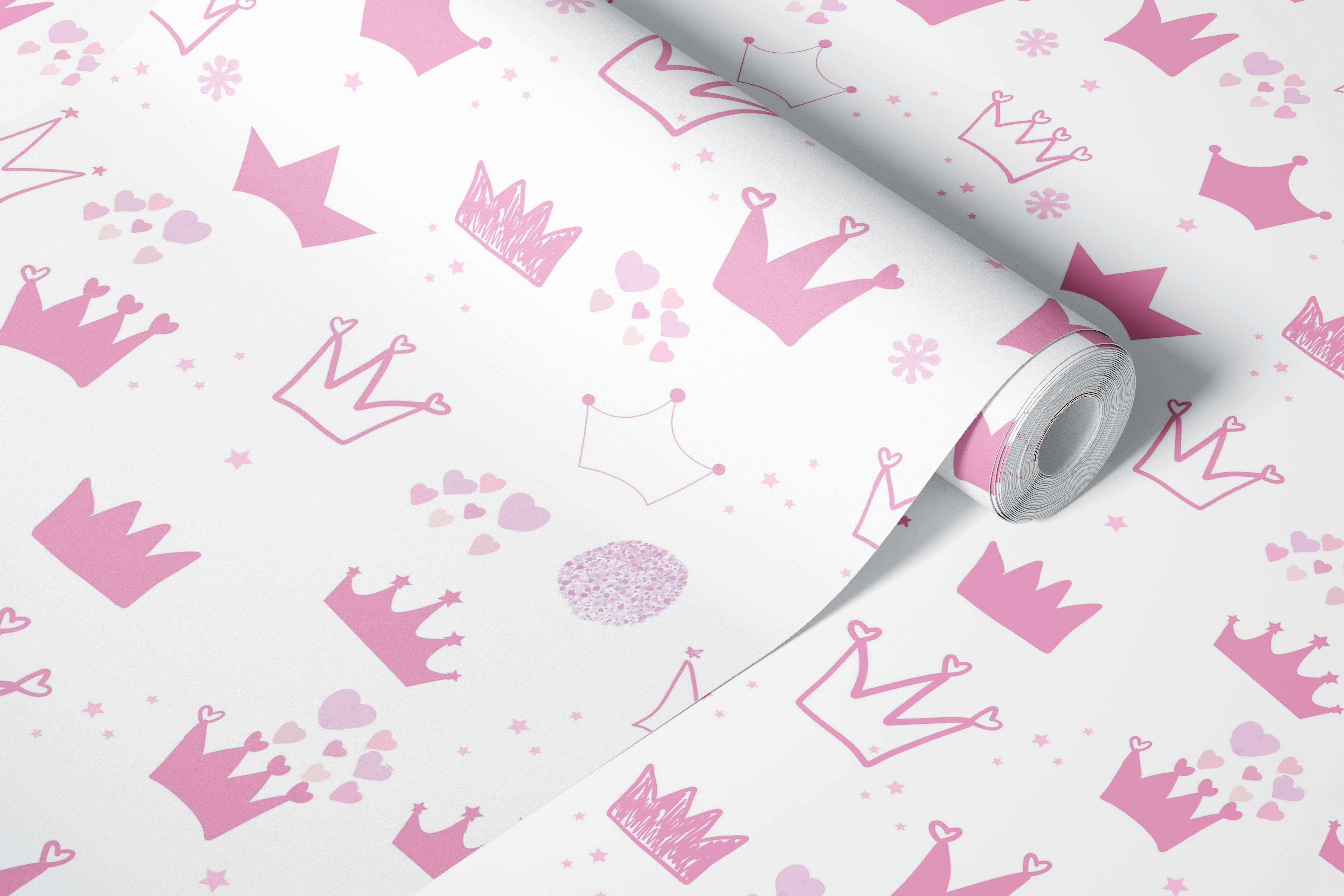 Hand-drawn crowns and hearts pattern wall mural in pink hues for a baby girl's room