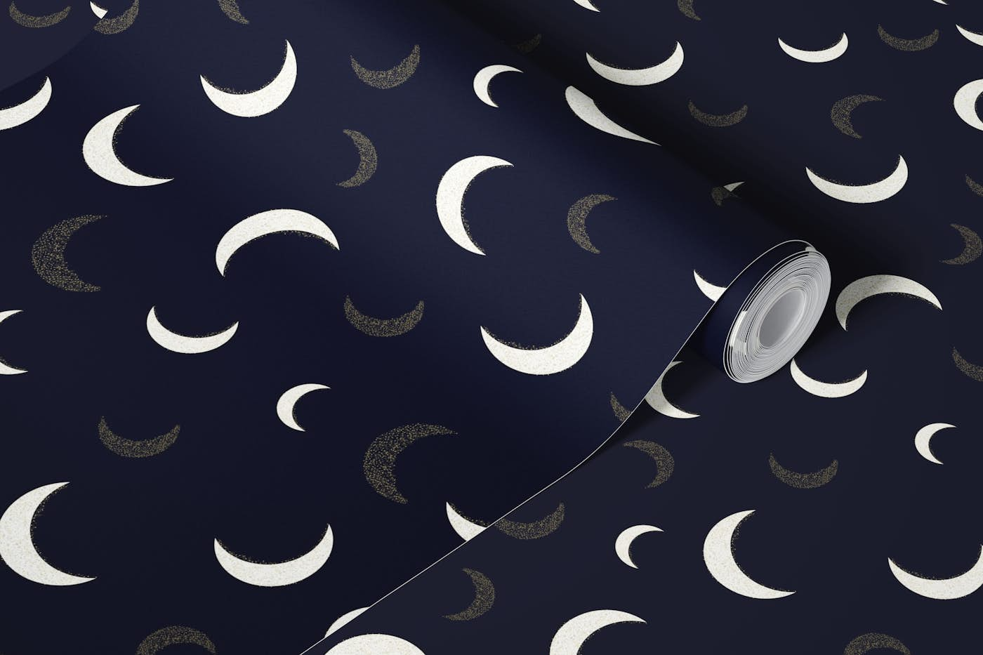 Shining golden and white moons navy colored pattern wallpaper roll