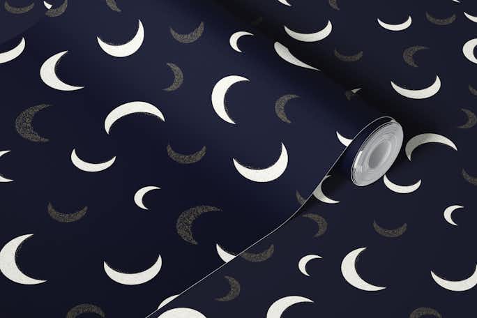 Shining golden and white moons navy colored patternwallpaper roll