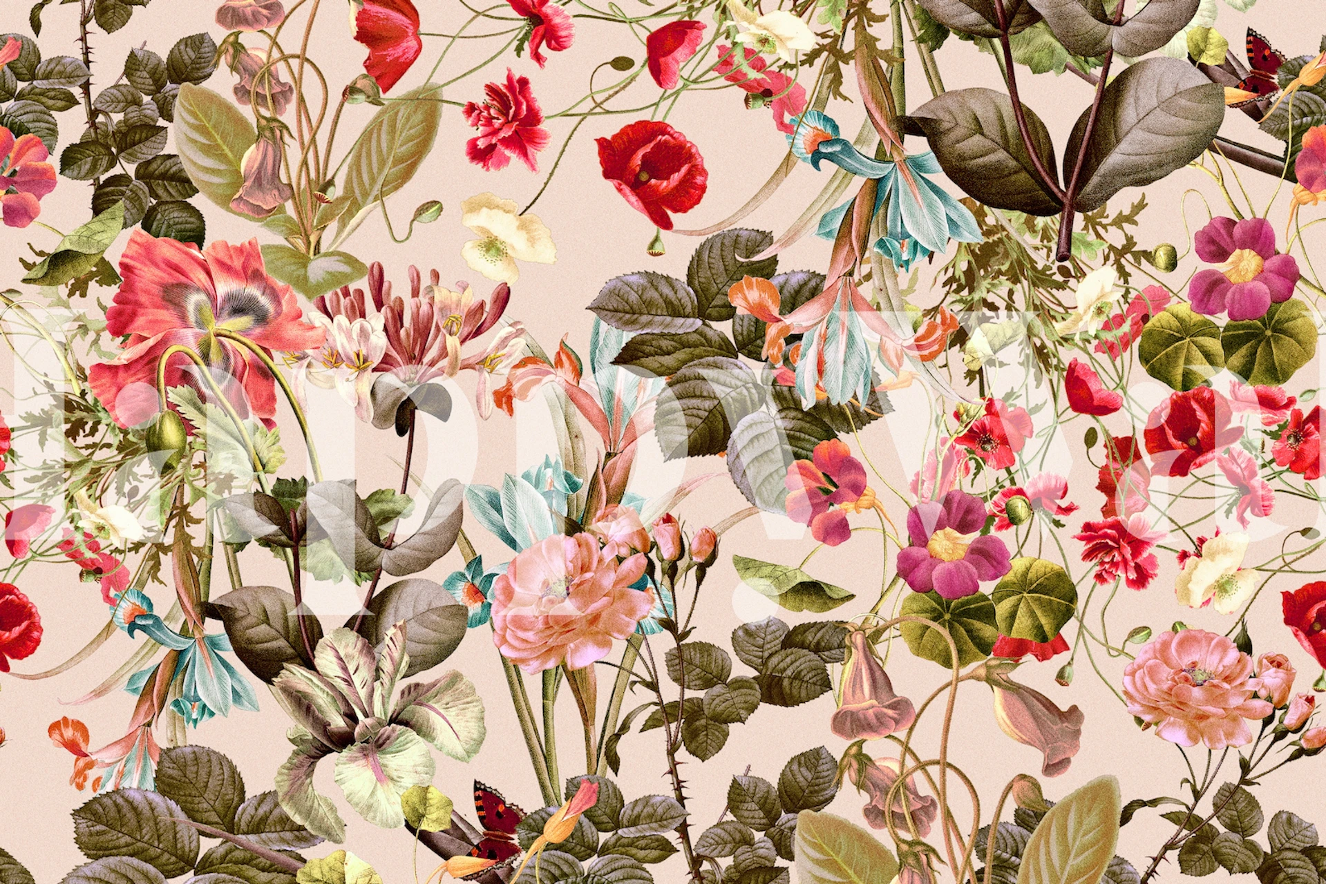 Colorful floral pattern with pink, red, blue flowers and green leaves wallpaper