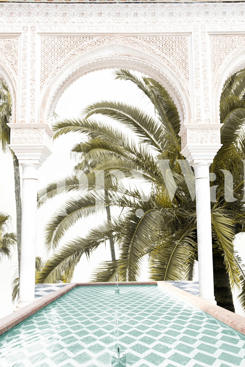 Tropical palm trees and geometric tile design wallpaper
