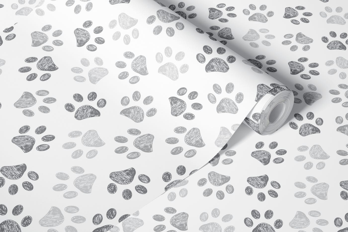 Grey doodle paw prints cat dog lover wallpaper roll