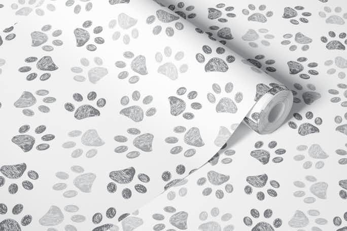 Grey doodle paw prints cat dog loverwallpaper roll