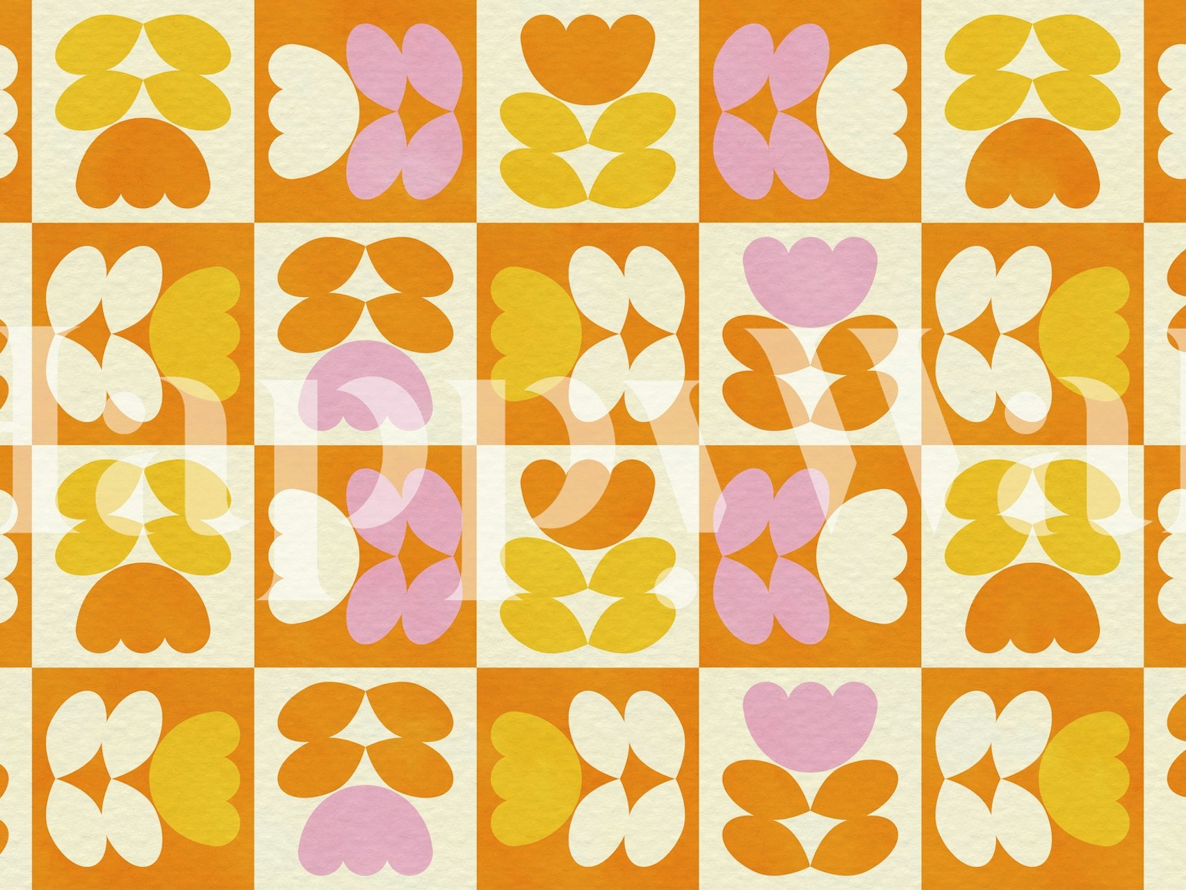 Papel pintado Mid century floral en diseño naranja