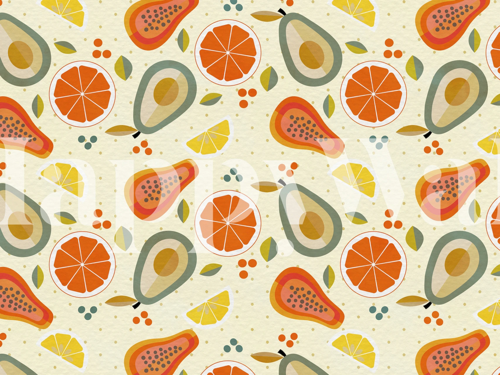 Bright fruit pattern featuring oranges, lemons, and avocados in warm colors on light background wallpaper.