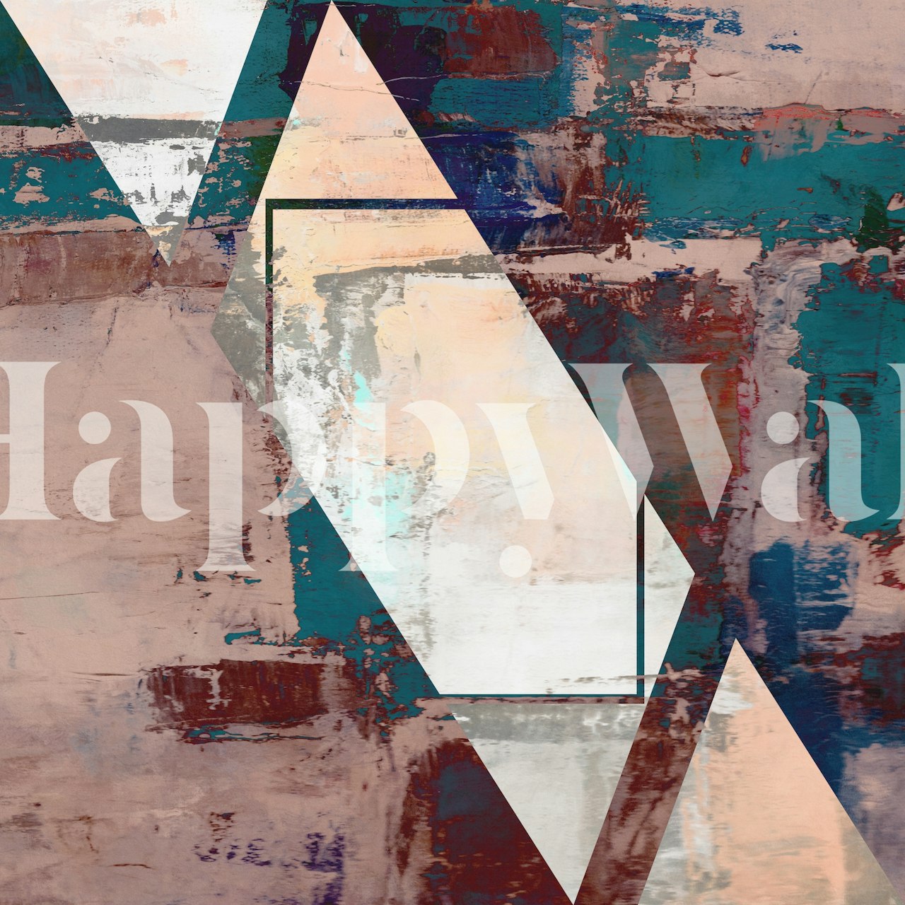 Abstract and geometric-patterned wall mural featuring earth tones and textured brushstrokes.