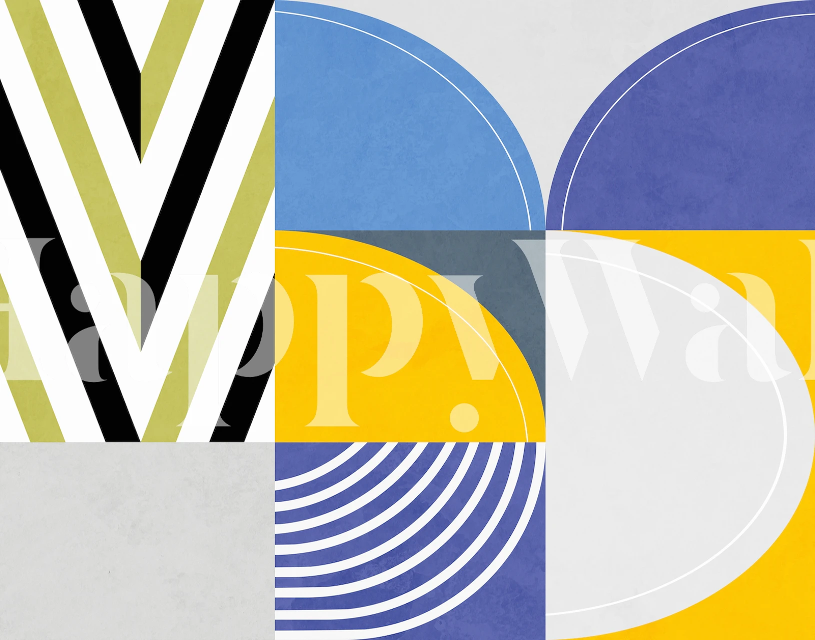 Abstract Curves 6 In wall mural featuring geometric shapes in blue, yellow, purple, and grey