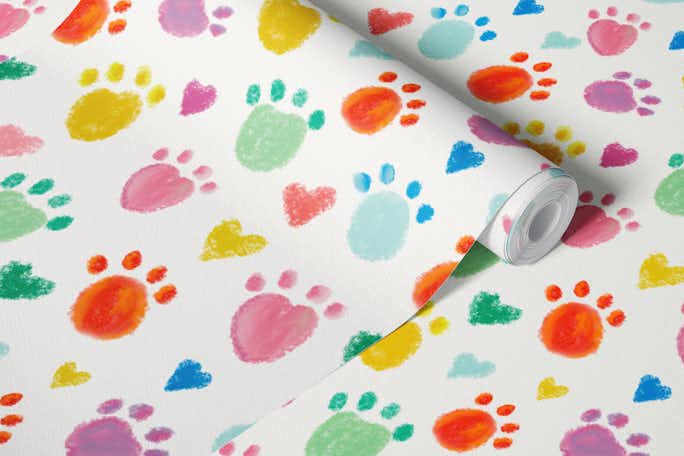 Colorful pastel colored paw prints patternwallpaper roll