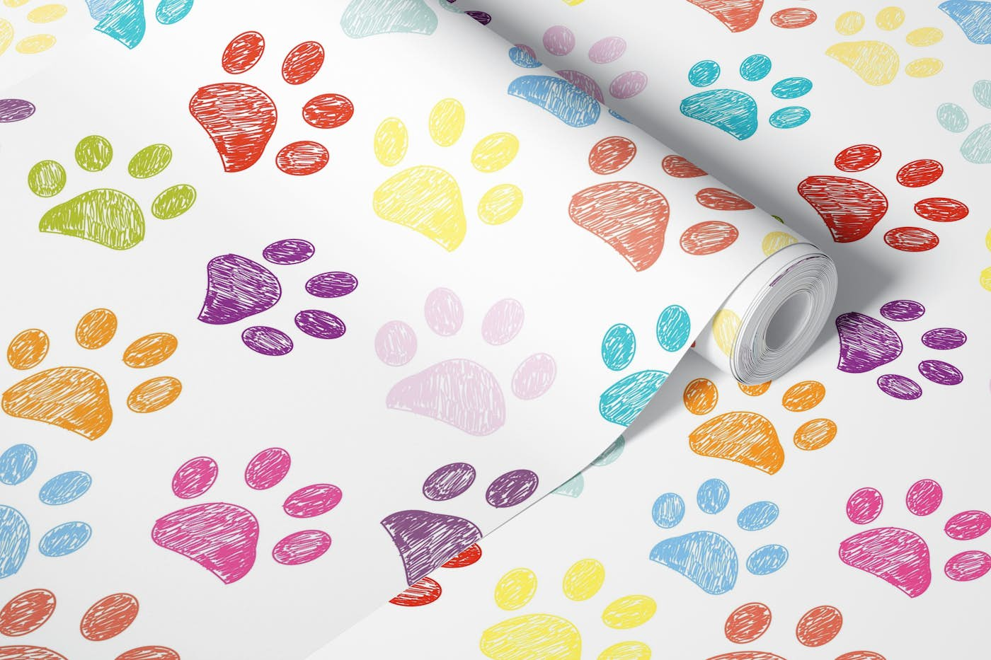 Colorful doodle paw prints cat dog lover II wallpaper roll