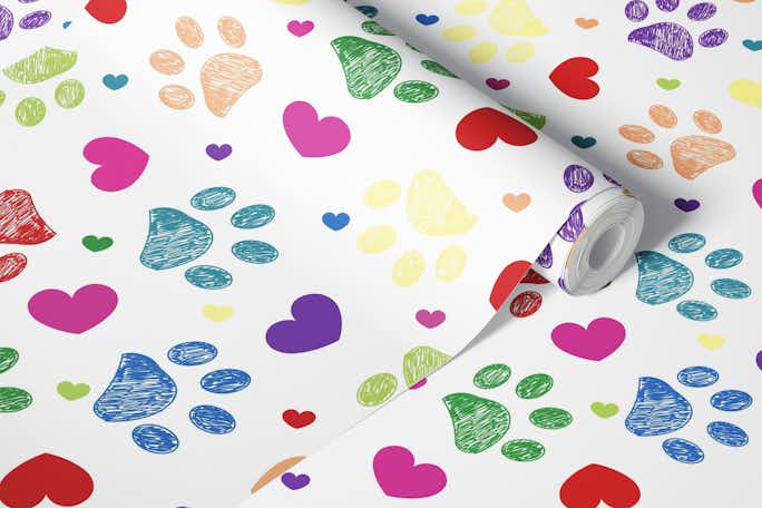 Colorful doodle paw prints with hearts cat dog loverwallpaper roll