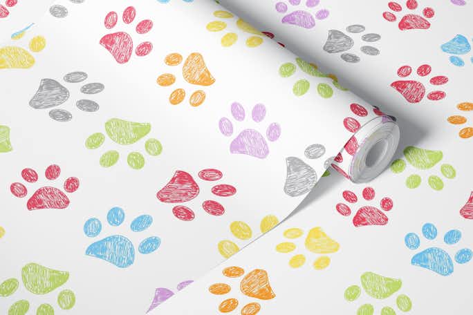 Colorful doodle paw prints cat dog loverwallpaper roll