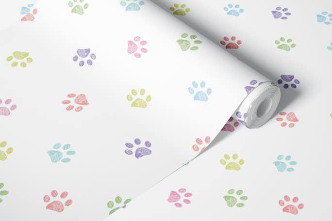 Pastel color paw prints with white backgroundwallpaper roll