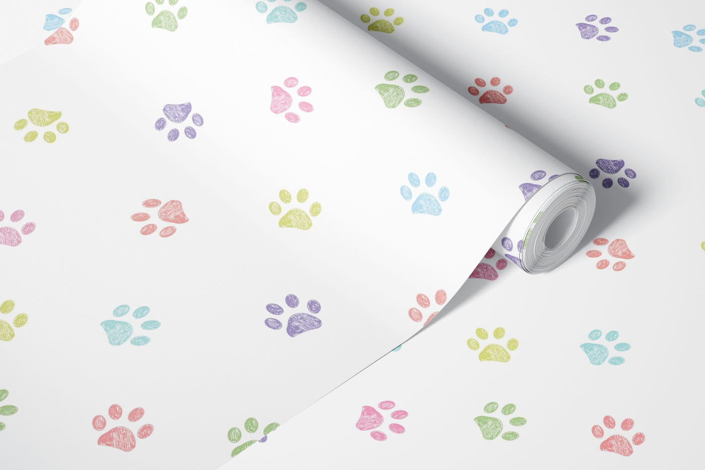 Pastel color paw prints with white background wallpaper roll